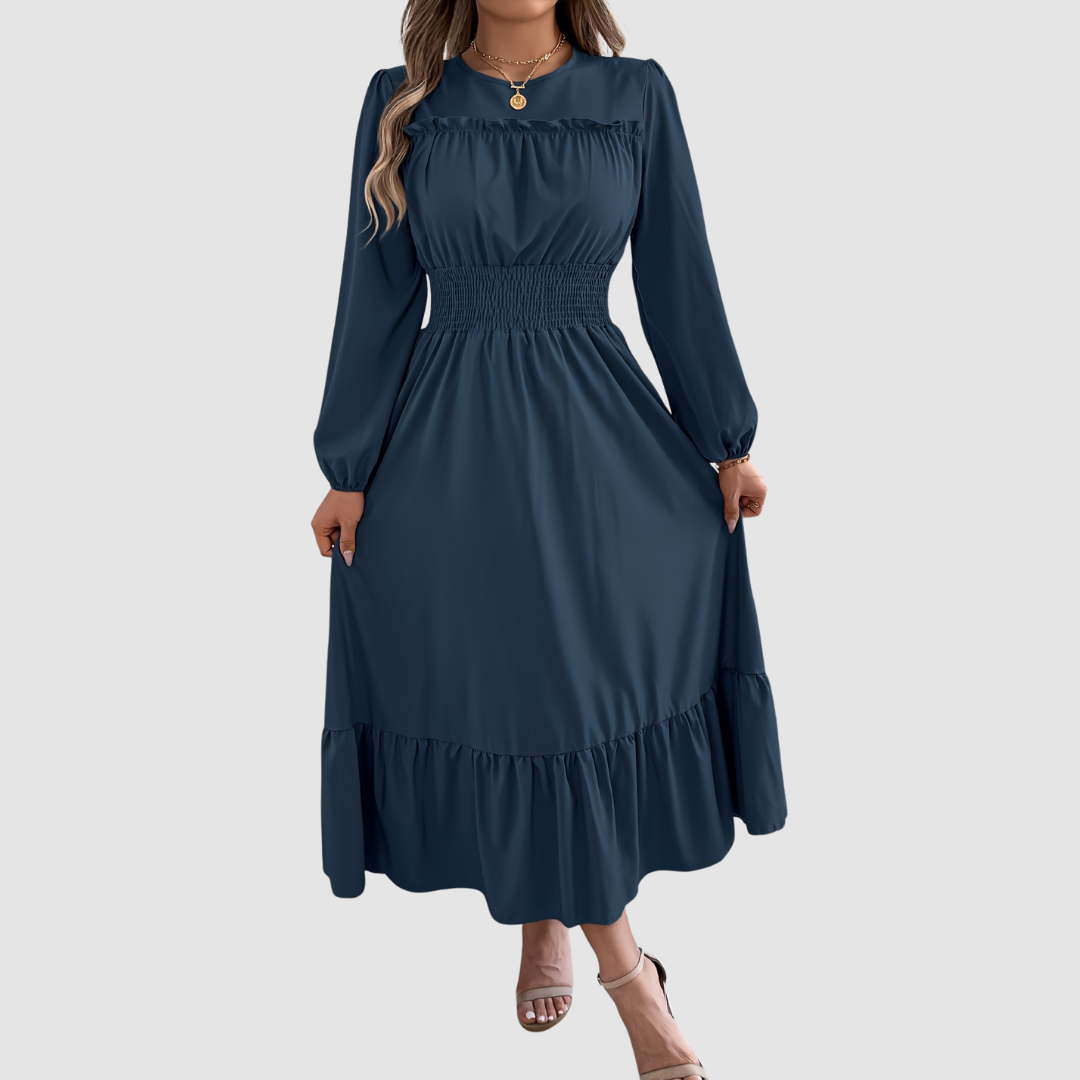 AERIS LONDON™| Isola Lane | Navy Ruffled Hem Midi Dress