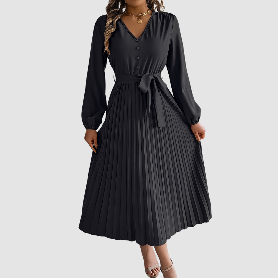 AERIS LONDON™| Celeste Bloom | Pleated Long-Sleeve Midi Dress