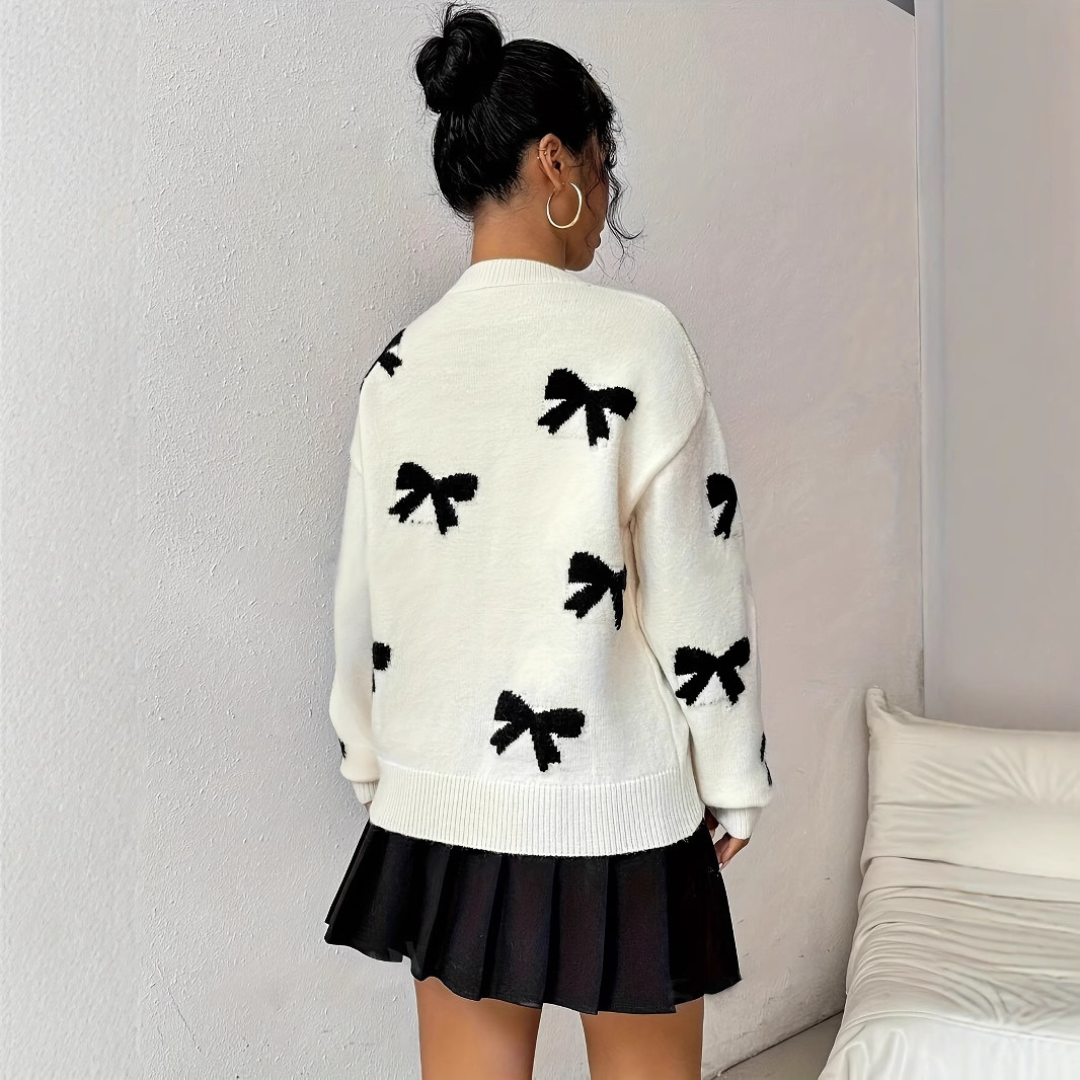 AERIS LONDON™| VISAY™ - Comfy Bow Print Pullover Sweater