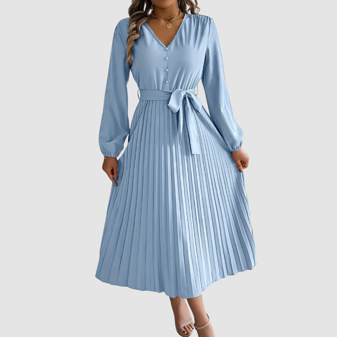 AERIS LONDON™| Celeste Bloom | Pleated Long-Sleeve Midi Dress