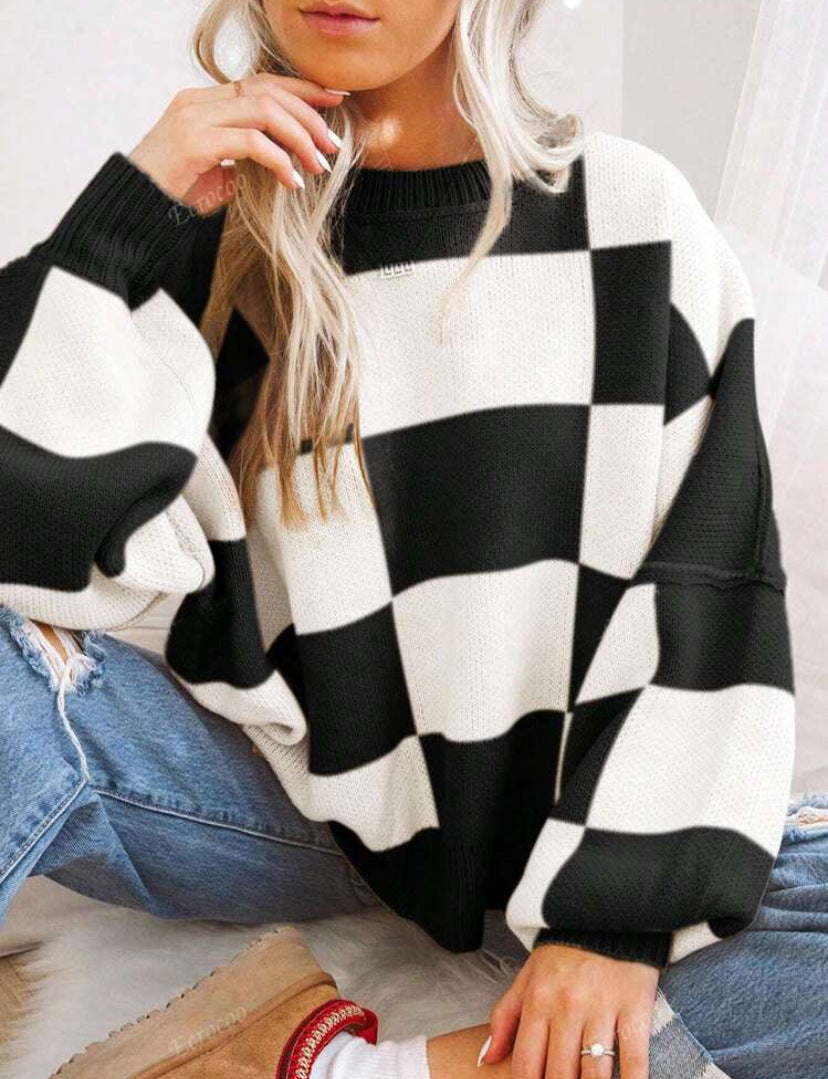 AERIS LONDON™| REVERIE™ - Casual Plaid Long Sleeve Round Neck Sweater