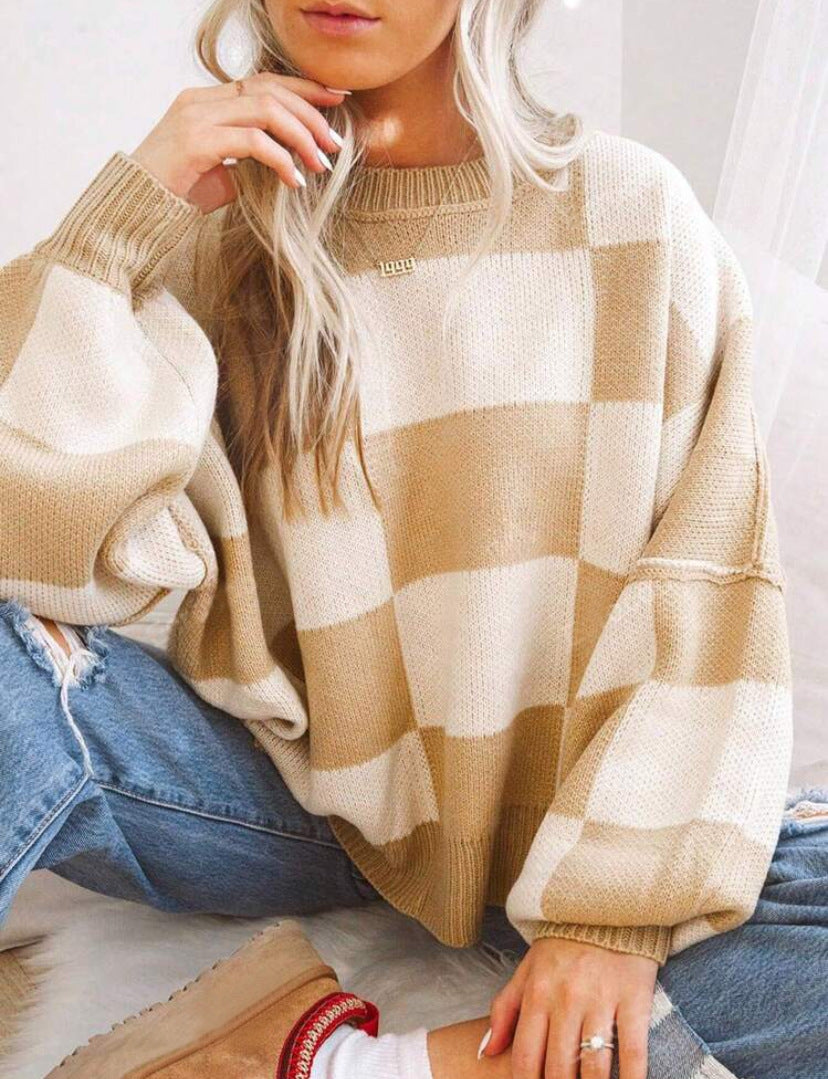 AERIS LONDON™| REVERIE™ - Casual Plaid Long Sleeve Round Neck Sweater