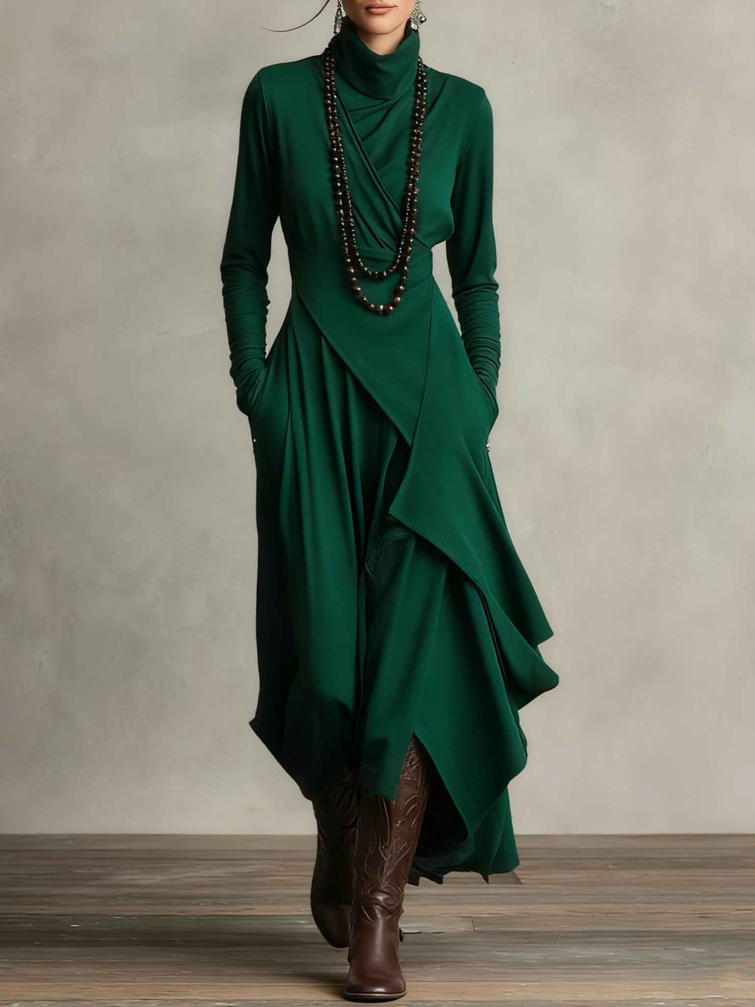 Elowen – Elegant High-Neck Asymmetrical Maxi Dress