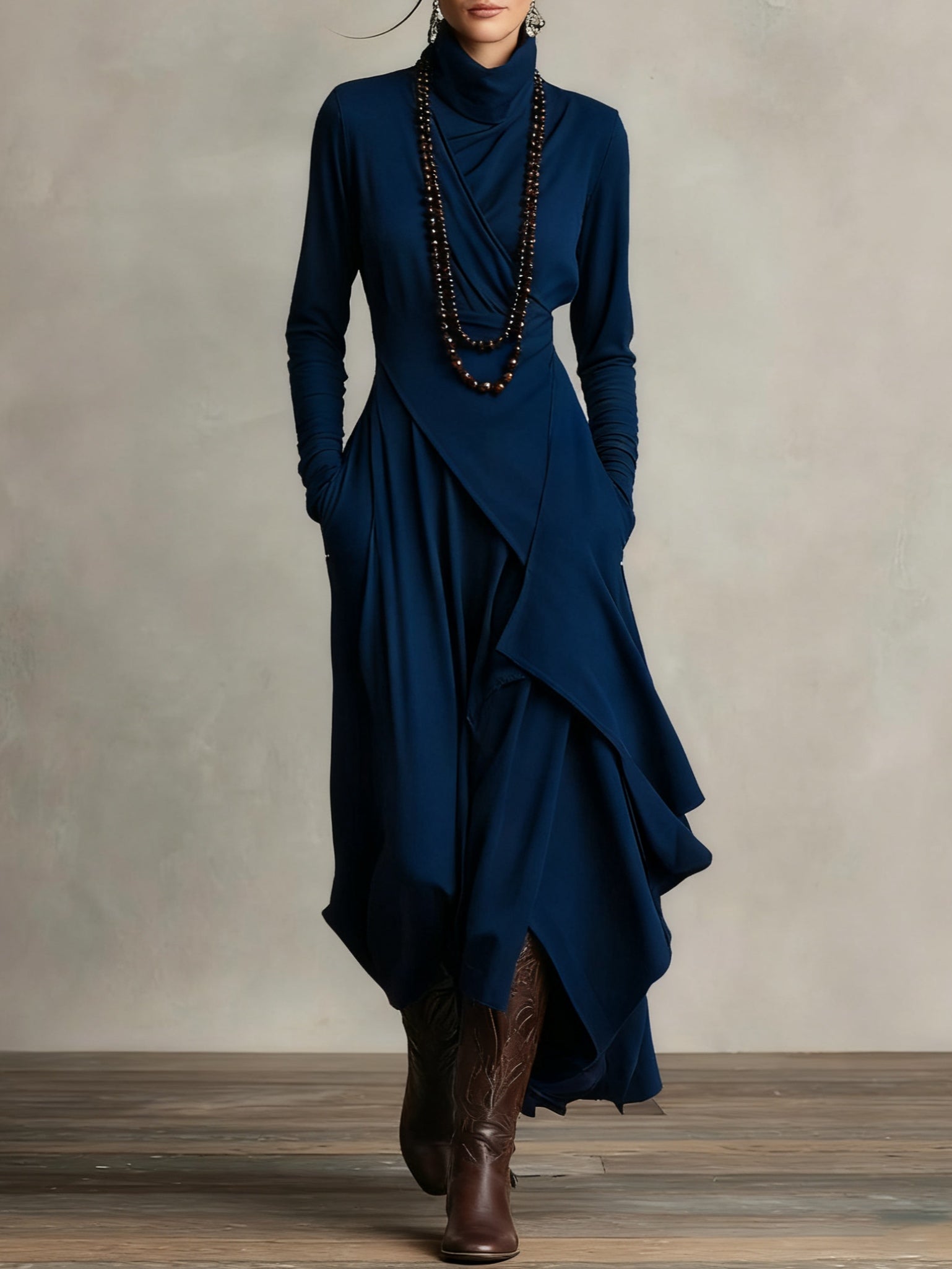 Elowen – Elegant High-Neck Asymmetrical Maxi Dress