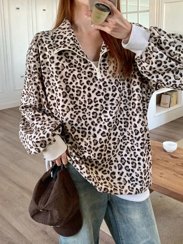 INGRID™ - Women's Casual Zip-Up Front Leopard Print Sweatshirt Long Sleeve