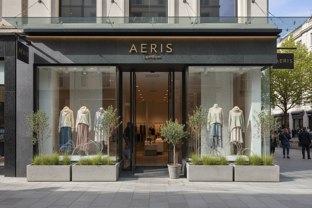 kan je een winkel afbeelden van de voorkant met AERIS london het moet een beetje op een boetiek lijken maar geen hele kleine boetiek war vrouwe kleren verkoopt zoals tops sweaters etc