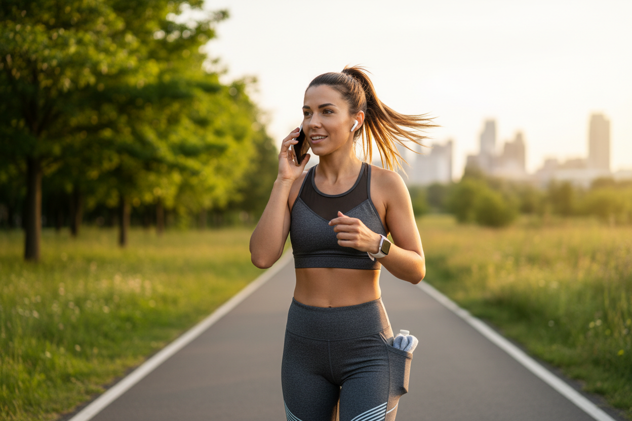 maak een afbeelding van een vrouw in sportkleding die aan het bellen is