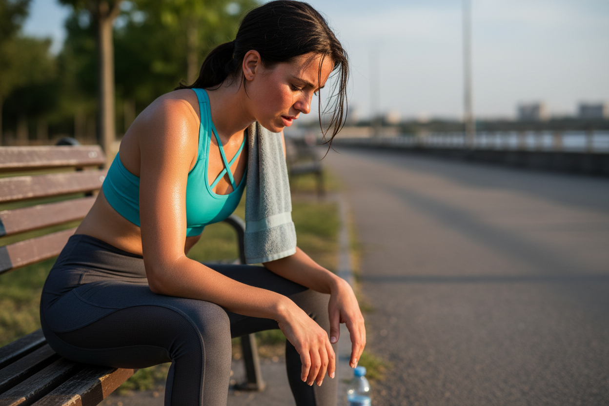 maak een afbeelding van een vrouw in sportkleren die net heeft gesport en er vermoeid uit ziet