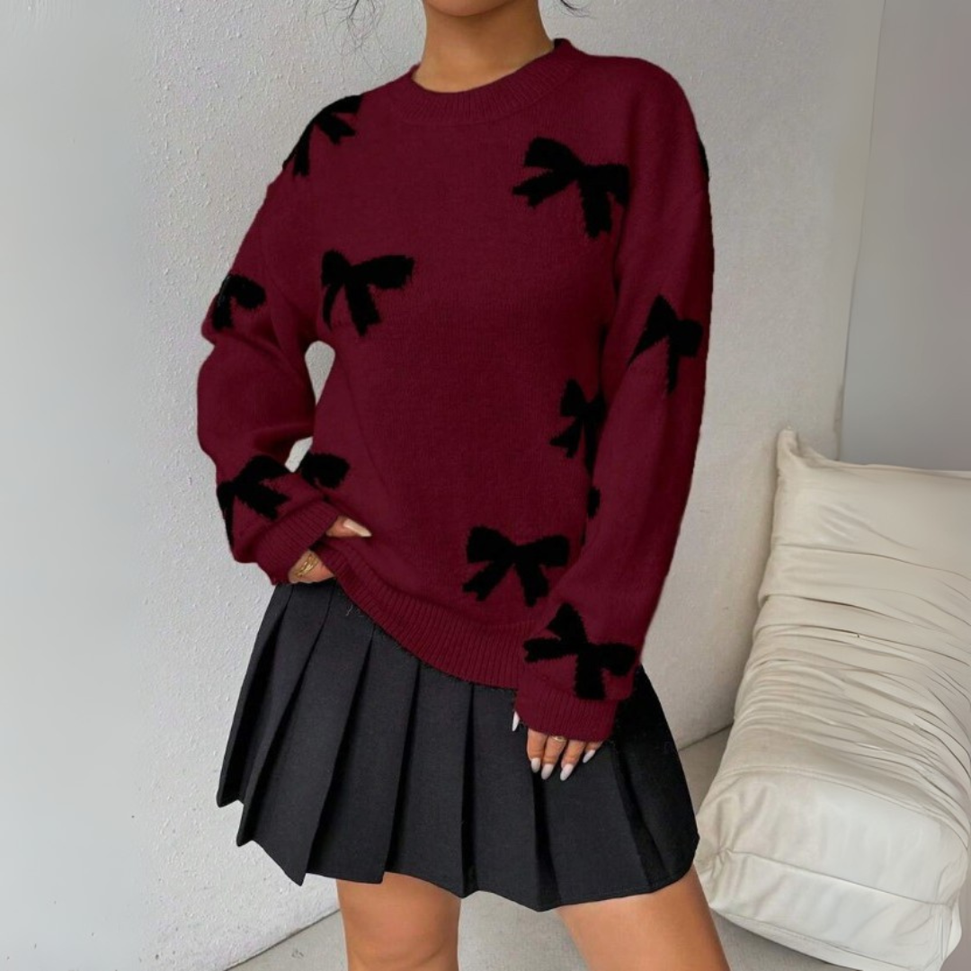 AERIS LONDON™| VISAY™ - Comfy Bow Print Pullover Sweater
