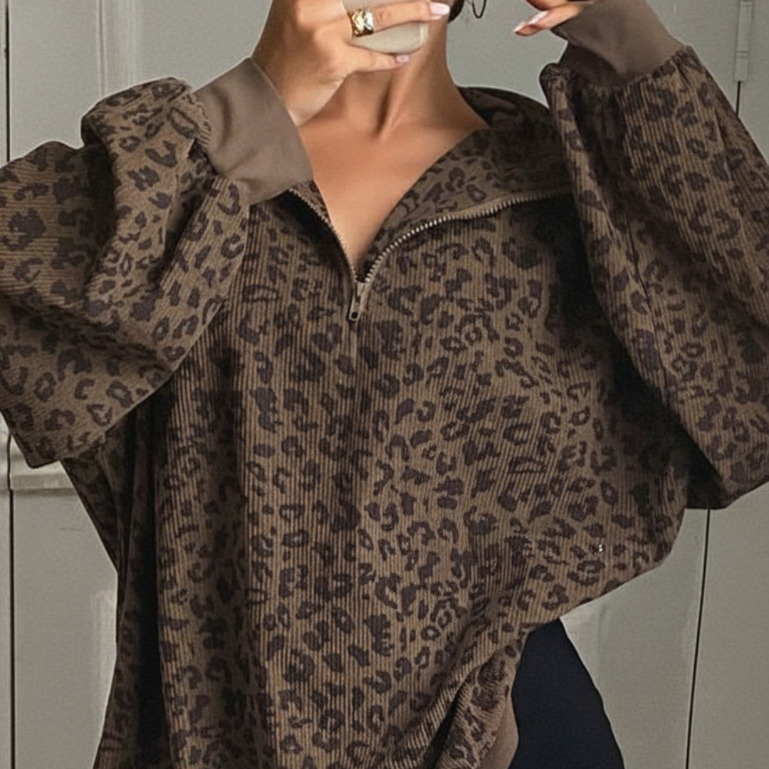 INGRID™ - Women's Casual Zip-Up Front Leopard Print Sweatshirt Long Sleeve