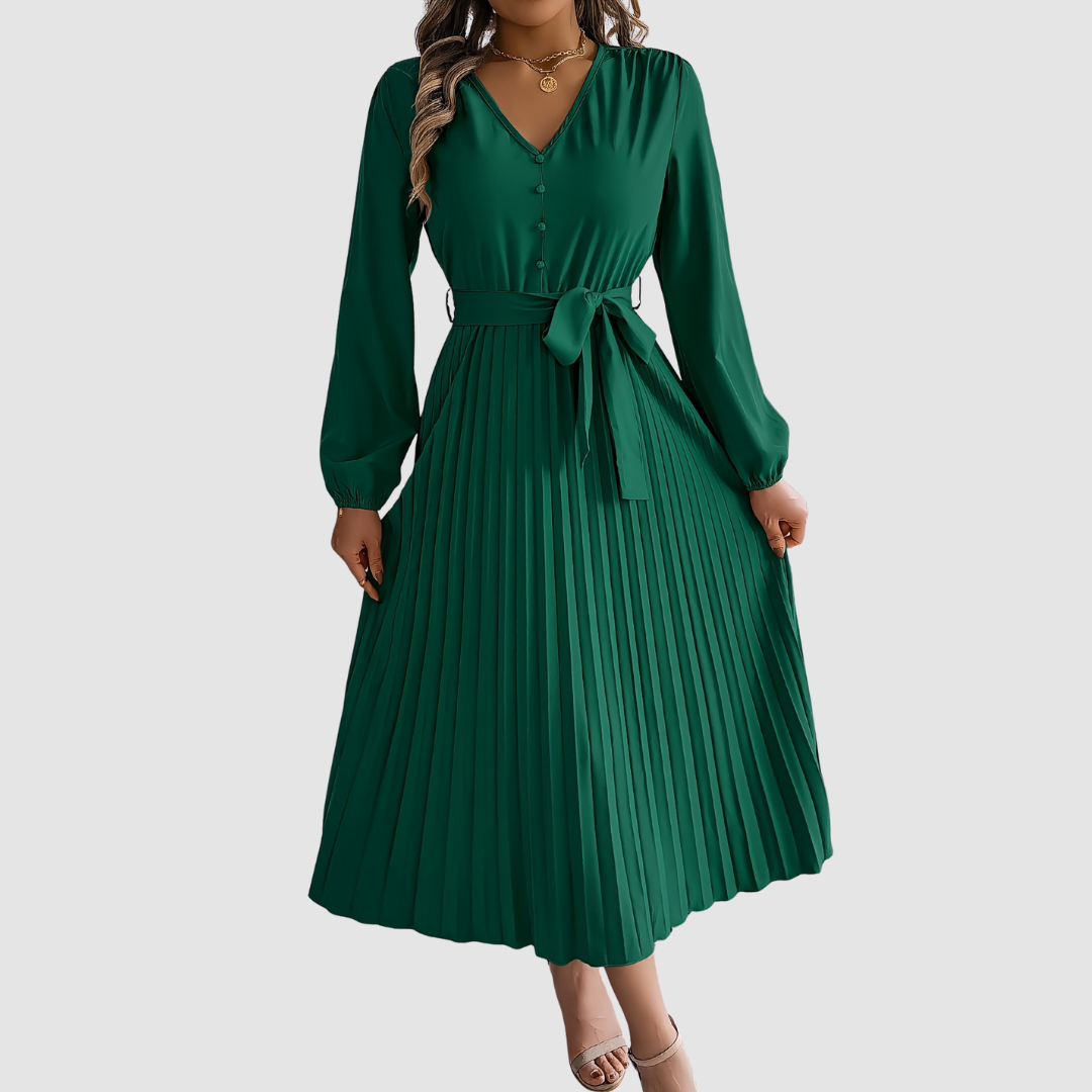 AERIS LONDON™| Celeste Bloom | Pleated Long-Sleeve Midi Dress