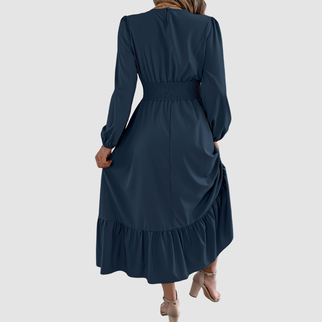 AERIS LONDON™| Isola Lane | Navy Ruffled Hem Midi Dress
