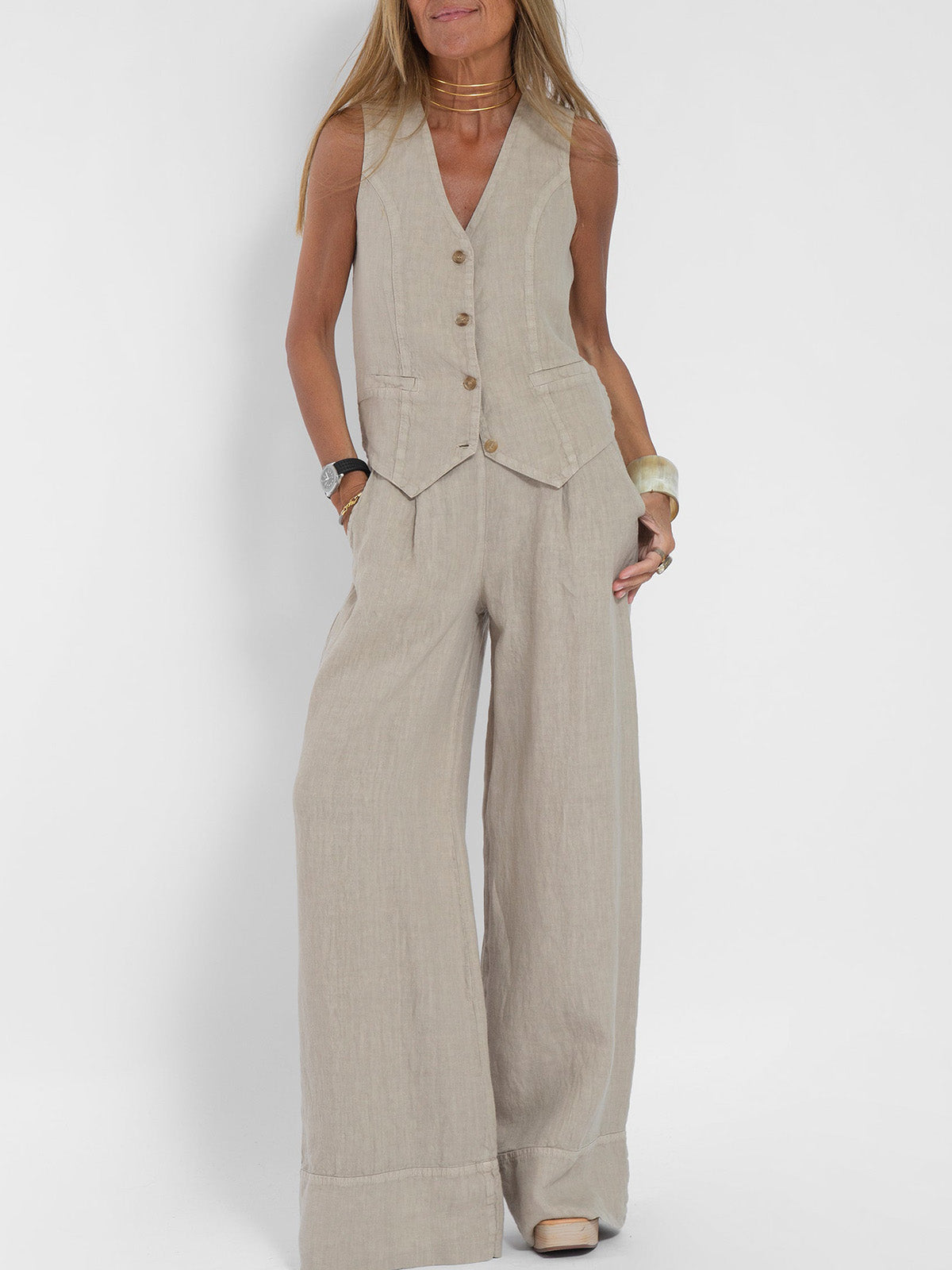 Aira - Buttoned Vest &amp; Wide-Leg Trousers Set