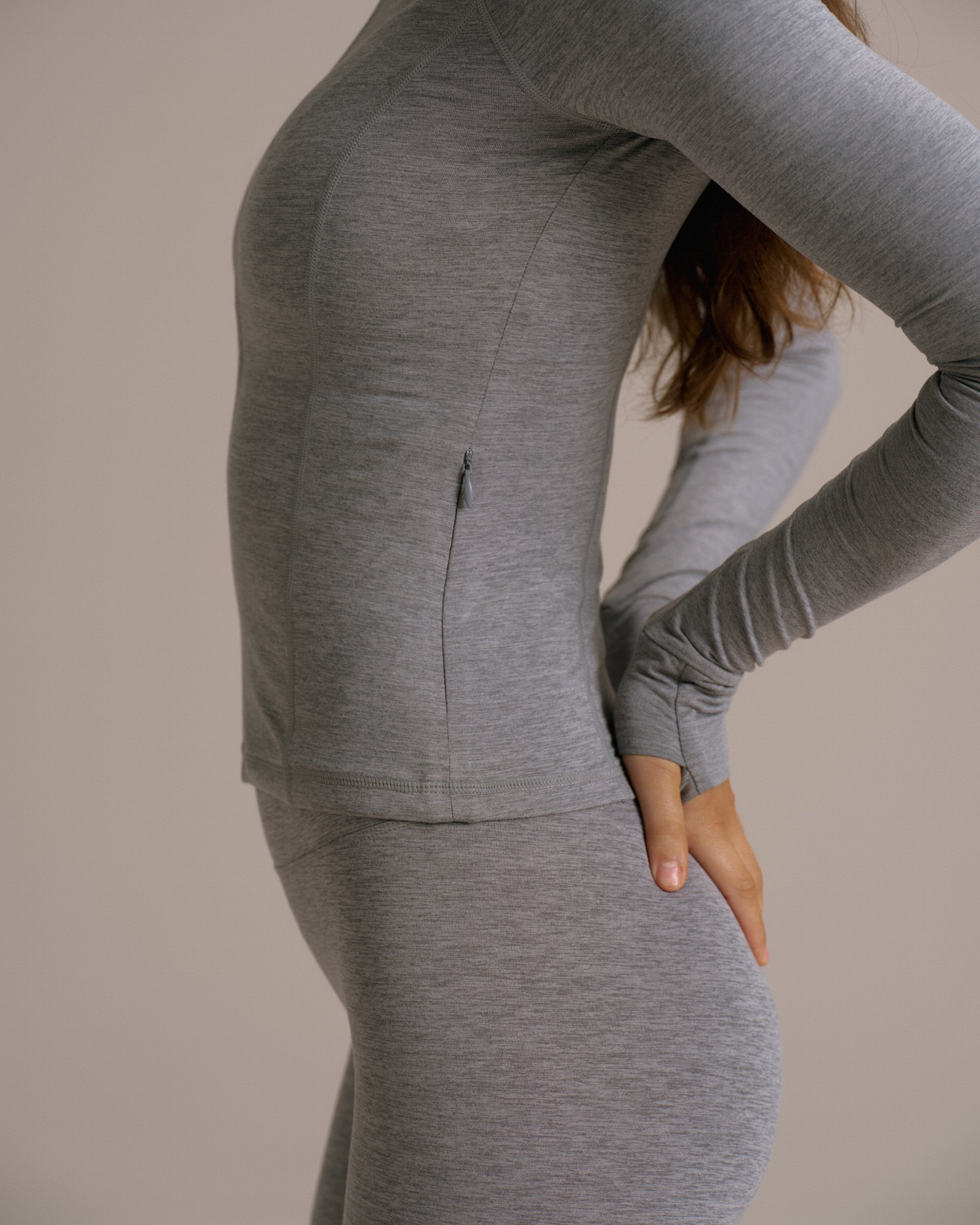 Brushed Long Sleeve Zip Up Top - Dark Gray Melange