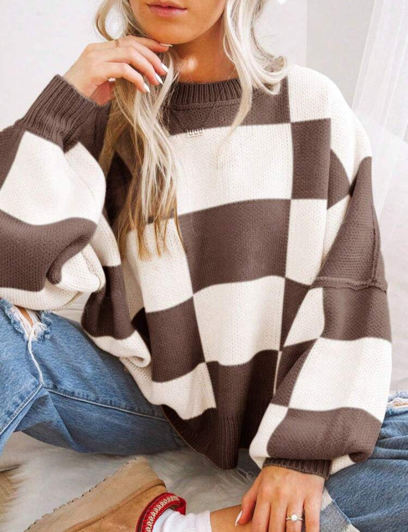 AERIS LONDON™| REVERIE™ - Casual Plaid Long Sleeve Round Neck Sweater
