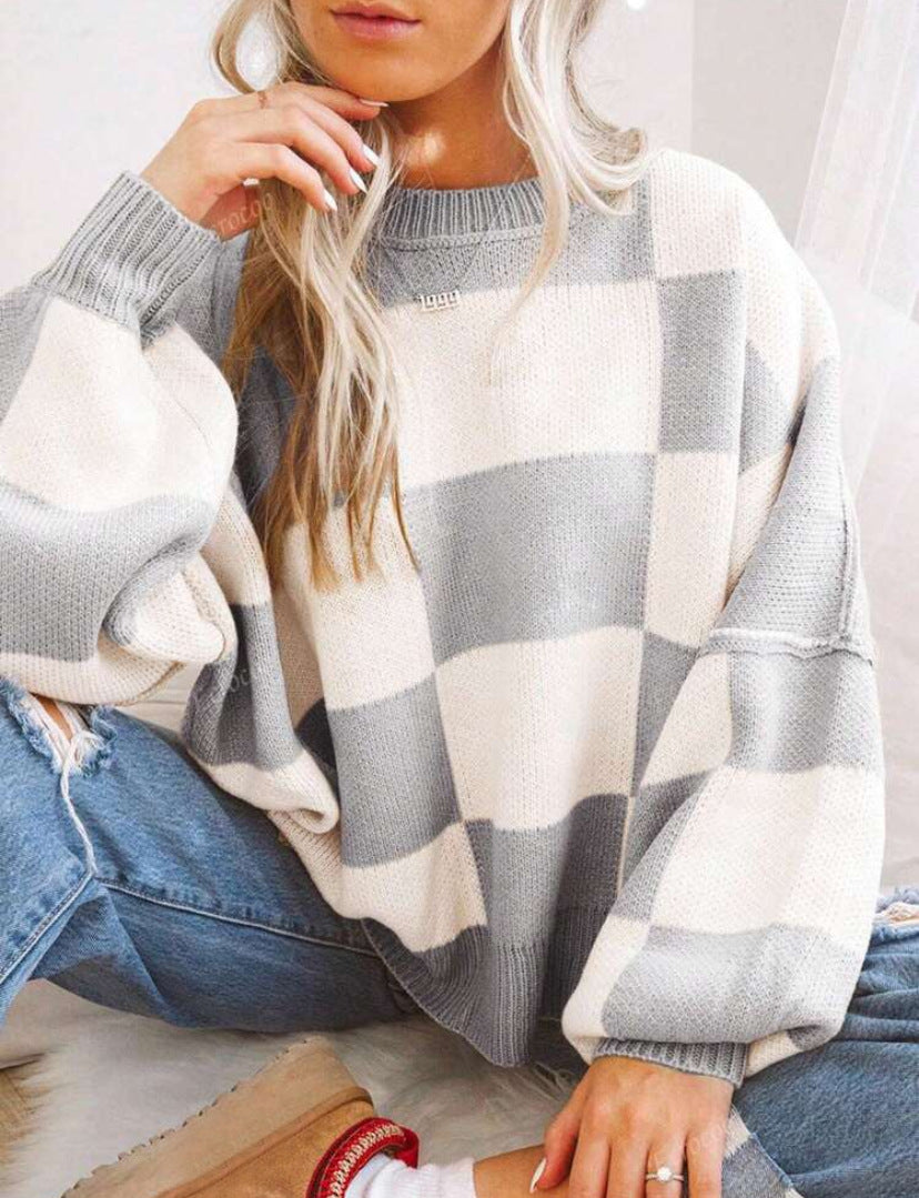 AERIS LONDON™| REVERIE™ - Casual Plaid Long Sleeve Round Neck Sweater