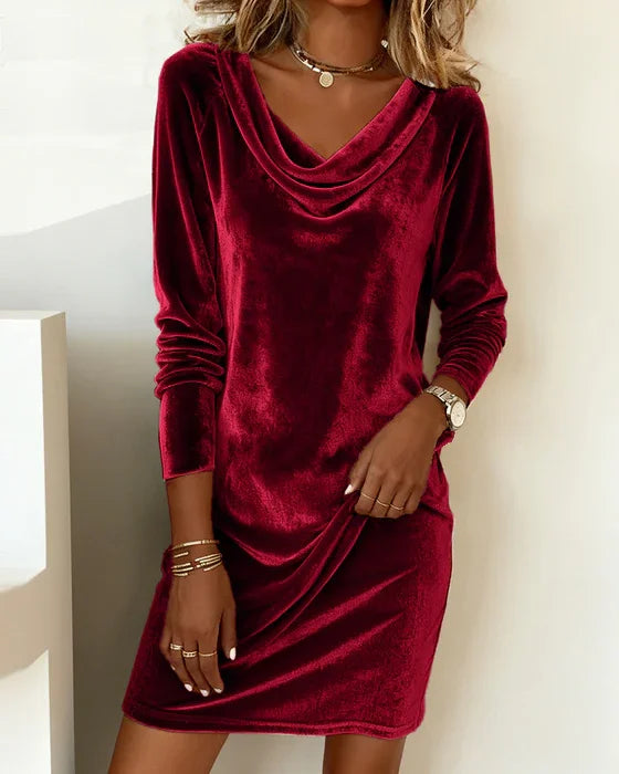 Kathleen - Elegant Drape-Neck Velvet Dress 