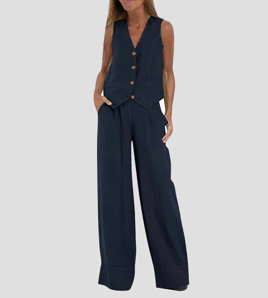 Aira - Buttoned Vest &amp; Wide-Leg Trousers Set