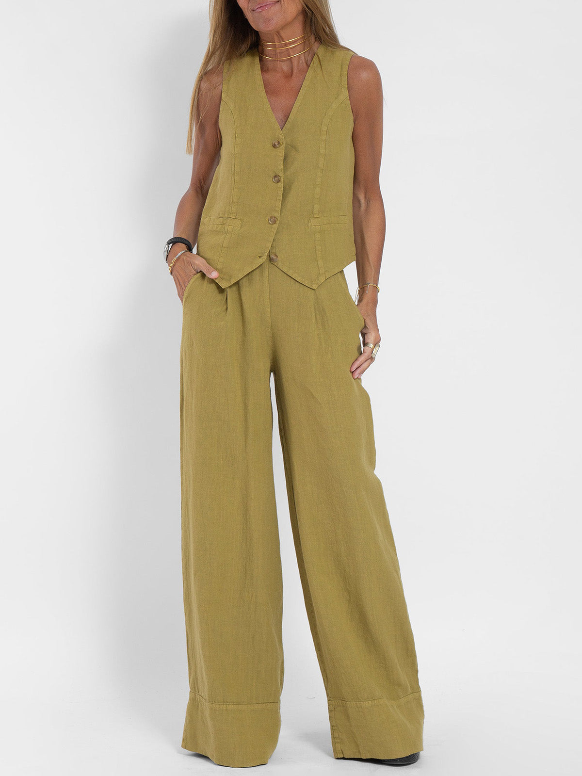 Aira - Buttoned Vest &amp; Wide-Leg Trousers Set