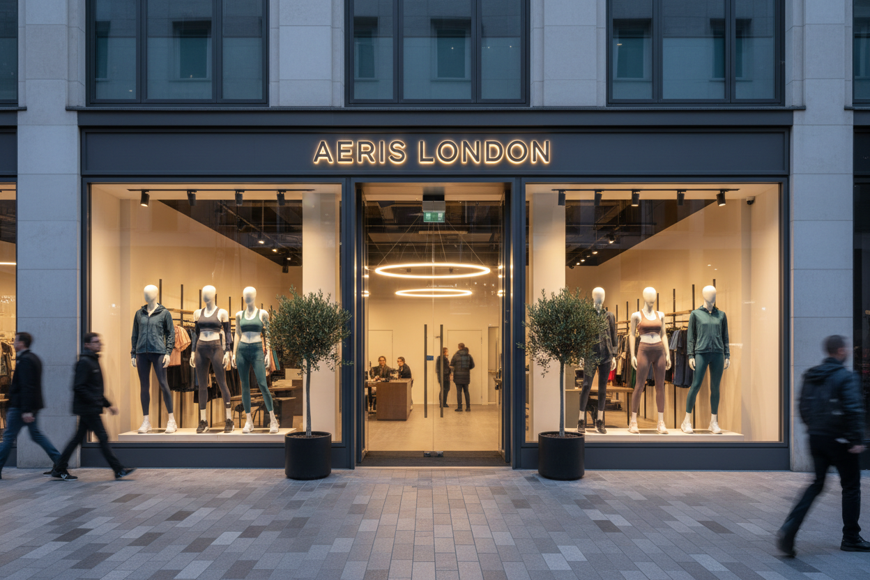 maak een afbeelding van de voorkant van een kledingwinkel die sportkleding voor vrouwen verkoopt. op de voorkant van de winkel moet de naam AERIS LONDON staan. 